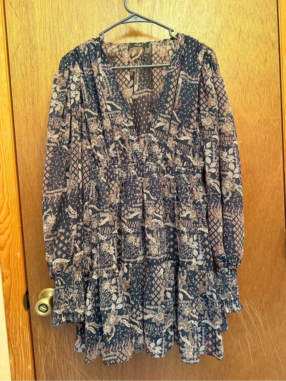 The Reset Navy and Cream Long Sleeve Floral Tiered Dress